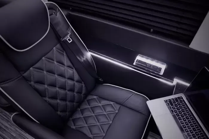 Executive quilted-leather interior of a Delaware Limo vehicle