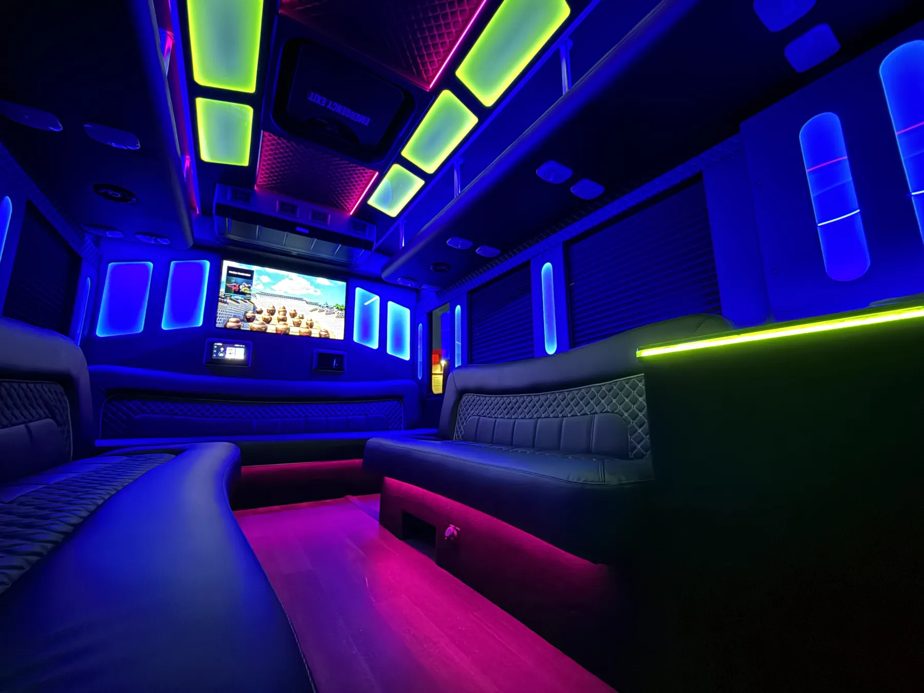 Party bus interior with ambient LED lighting